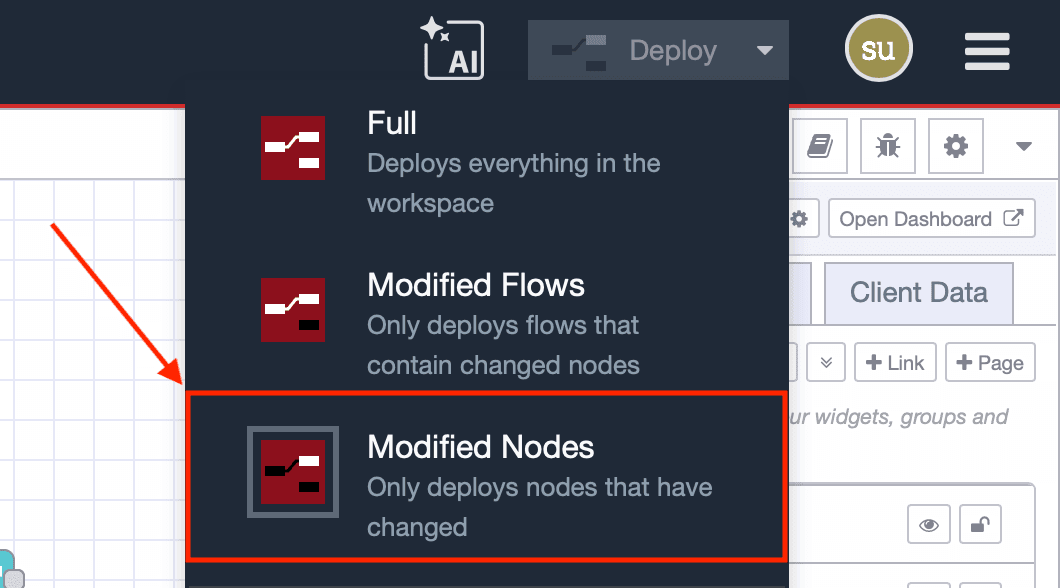 Node-RED deploy menu showing Modified Nodes option for selective deployment